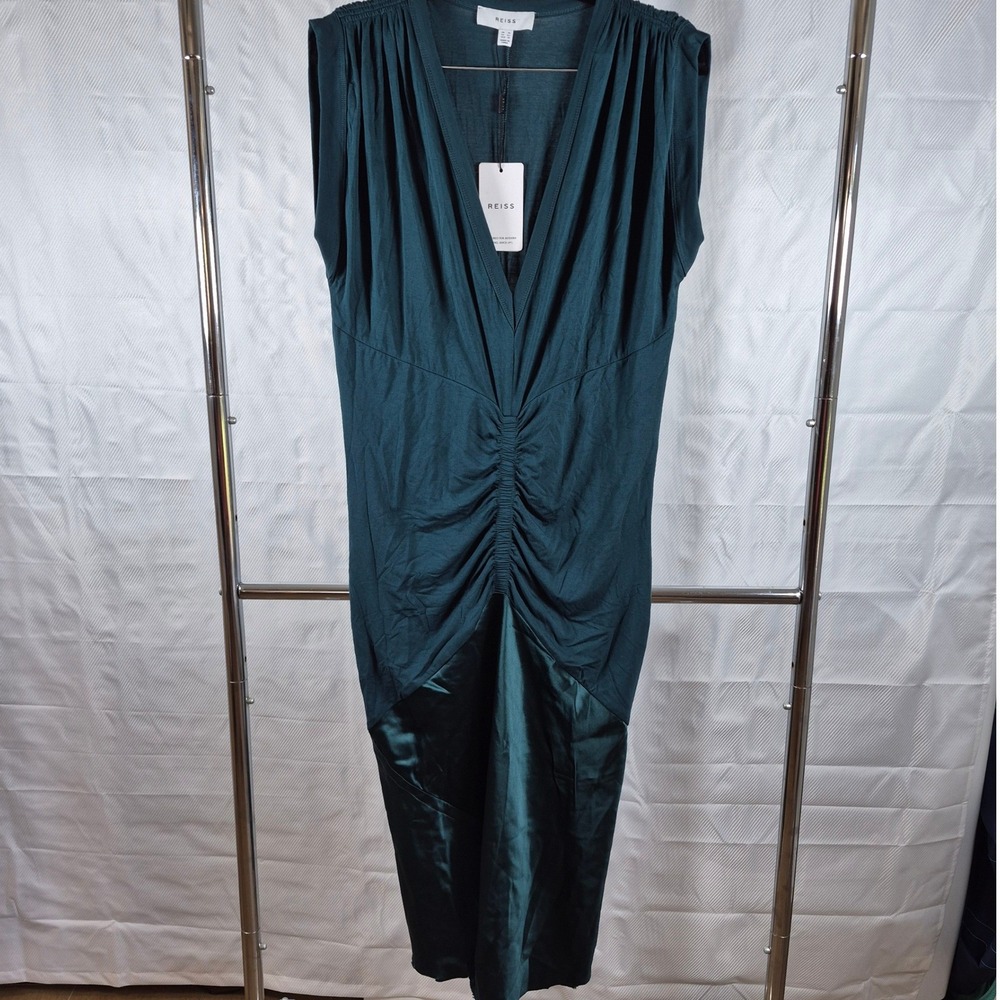 Reiss Noa Plunge Maxi Dress‎ Ruched Satin 10 Teal Women READ